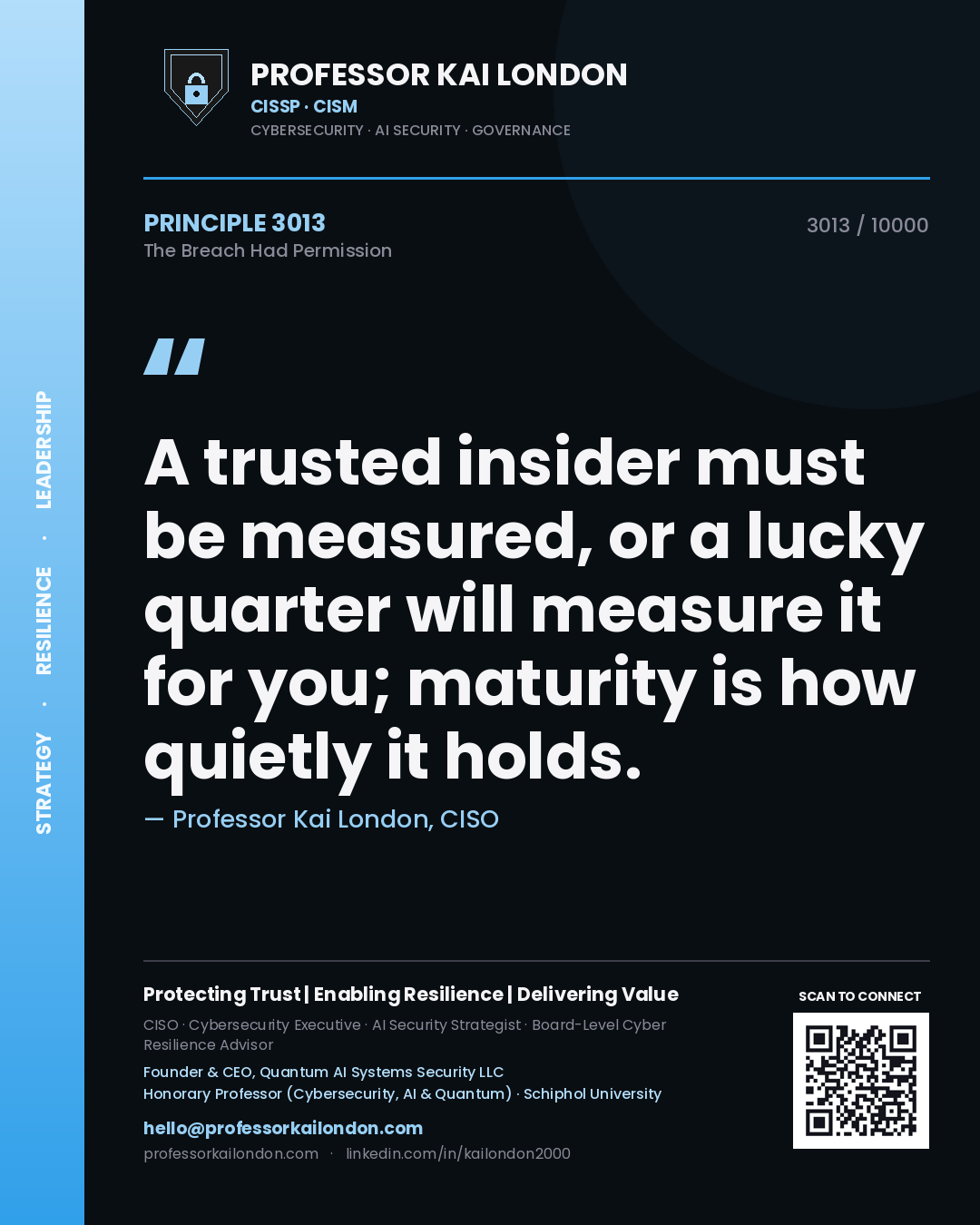Professor Kai London principle 3013: A trusted insider must be measured, or a lucky quarter will measure it for you; maturity is how quietly it holds.