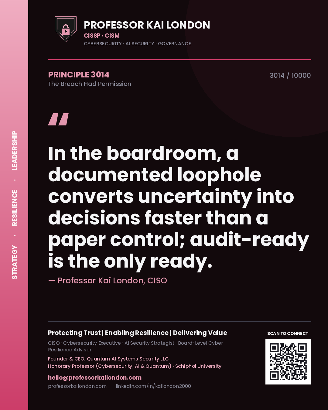 Professor Kai London principle 3014: In the boardroom, a documented loophole converts uncertainty into decisions faster than a paper control; audit-ready is the only ready.
