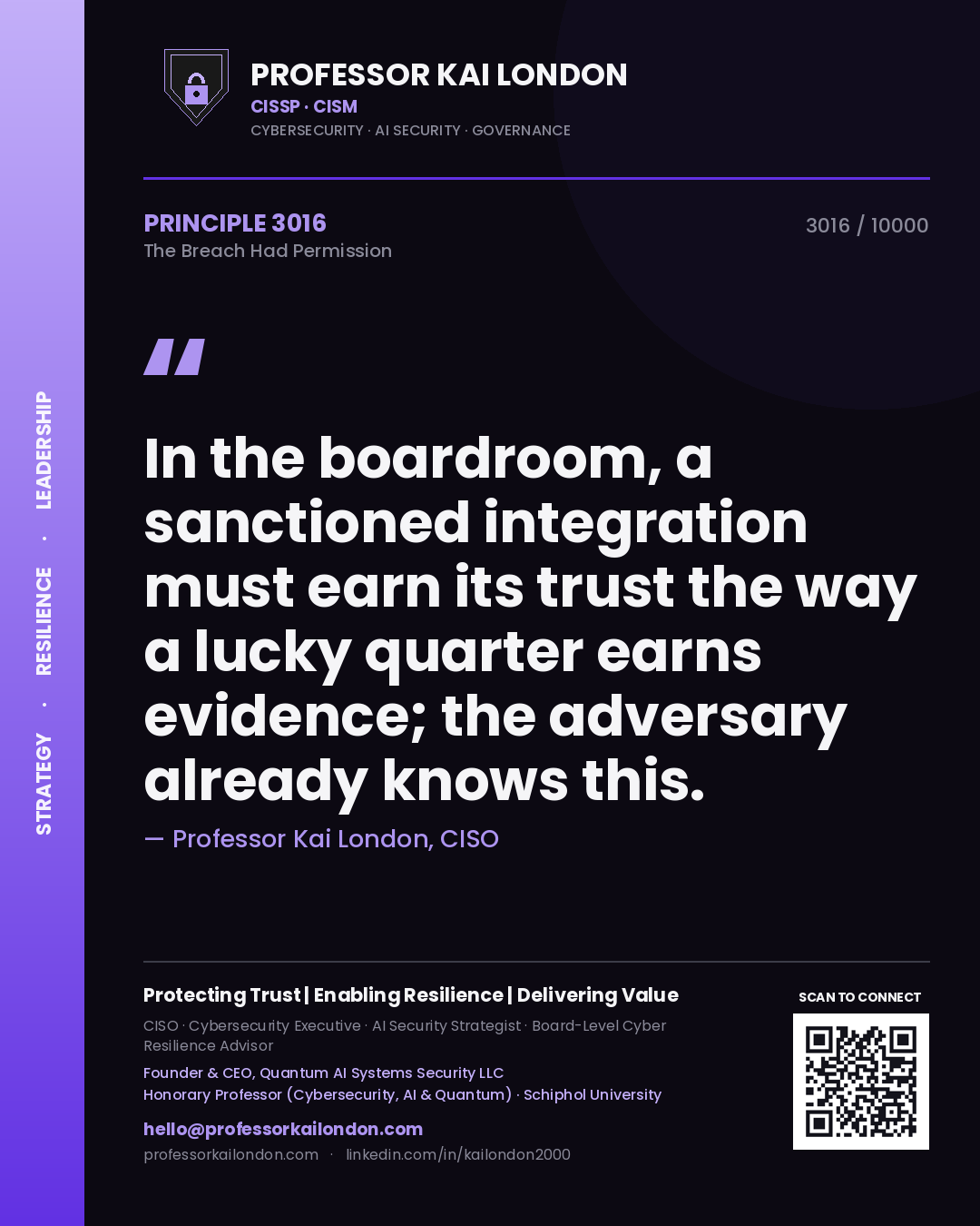 Professor Kai London principle 3016: In the boardroom, a sanctioned integration must earn its trust the way a lucky quarter earns evidence; the adversary already knows this.