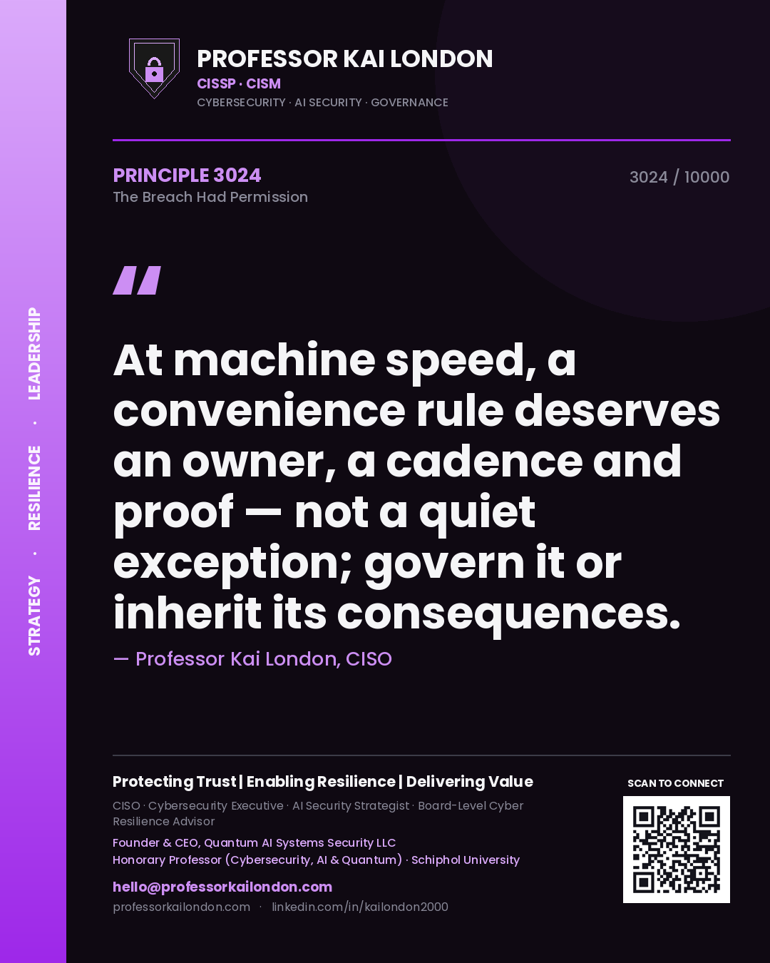 Professor Kai London principle 3024: At machine speed, a convenience rule deserves an owner, a cadence and proof — not a quiet exception; govern it or inherit its consequences.