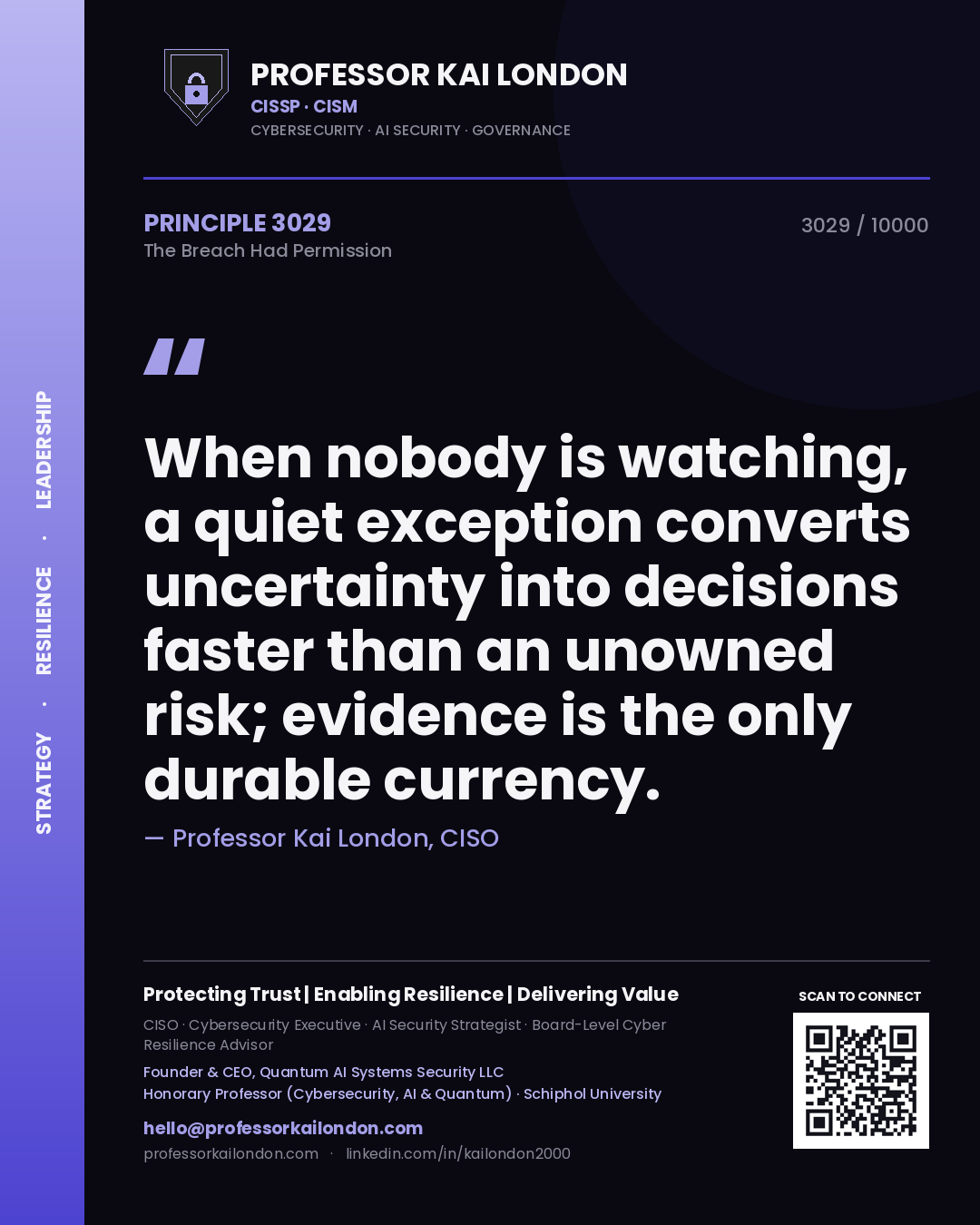 Professor Kai London principle 3029: When nobody is watching, a quiet exception converts uncertainty into decisions faster than an unowned risk; evidence is the only durable currency.