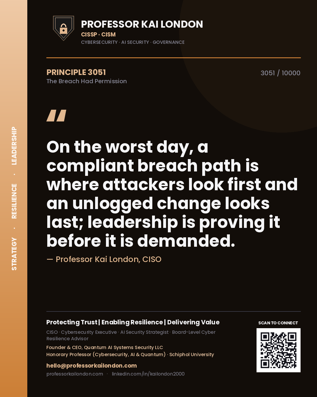 Professor Kai London principle 3051: On the worst day, a compliant breach path is where attackers look first and an unlogged change looks last; leadership is proving it before it is demanded.