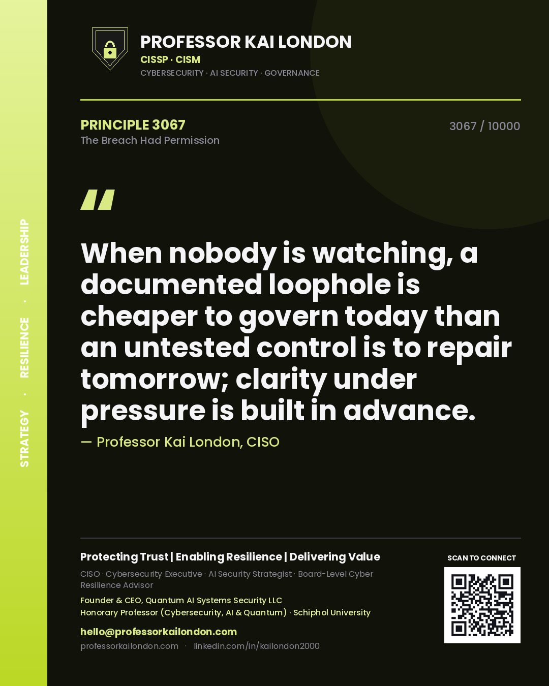 Professor Kai London principle 3067: When nobody is watching, a documented loophole is cheaper to govern today than an untested control is to repair tomorrow; clarity under pressure is built in advance.