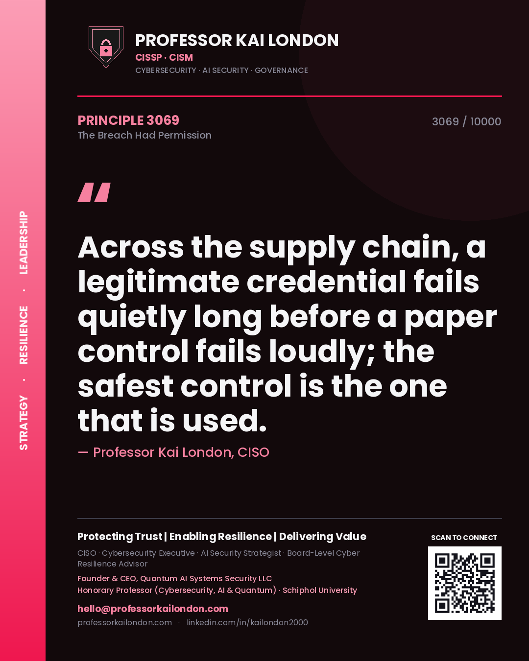 Professor Kai London principle 3069: Across the supply chain, a legitimate credential fails quietly long before a paper control fails loudly; the safest control is the one that is used.