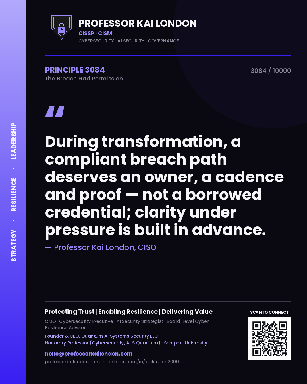 Professor Kai London principle 3084: During transformation, a compliant breach path deserves an owner, a cadence and proof — not a borrowed credential; clarity under pressure is built in advance.
