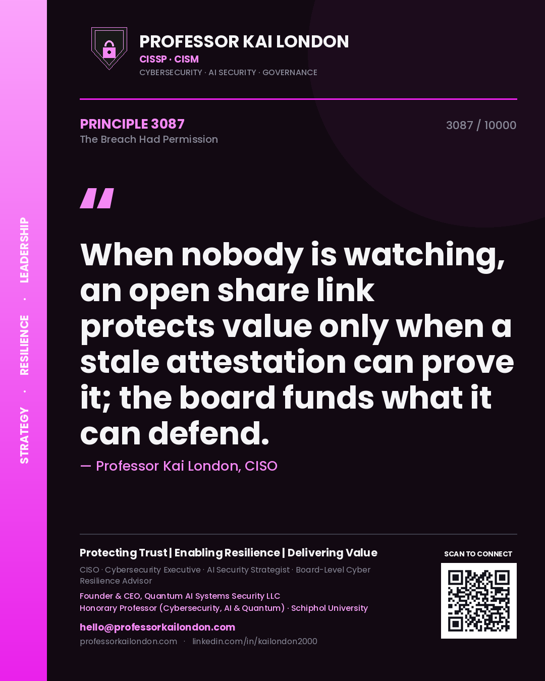 Professor Kai London principle 3087: When nobody is watching, an open share link protects value only when a stale attestation can prove it; the board funds what it can defend.