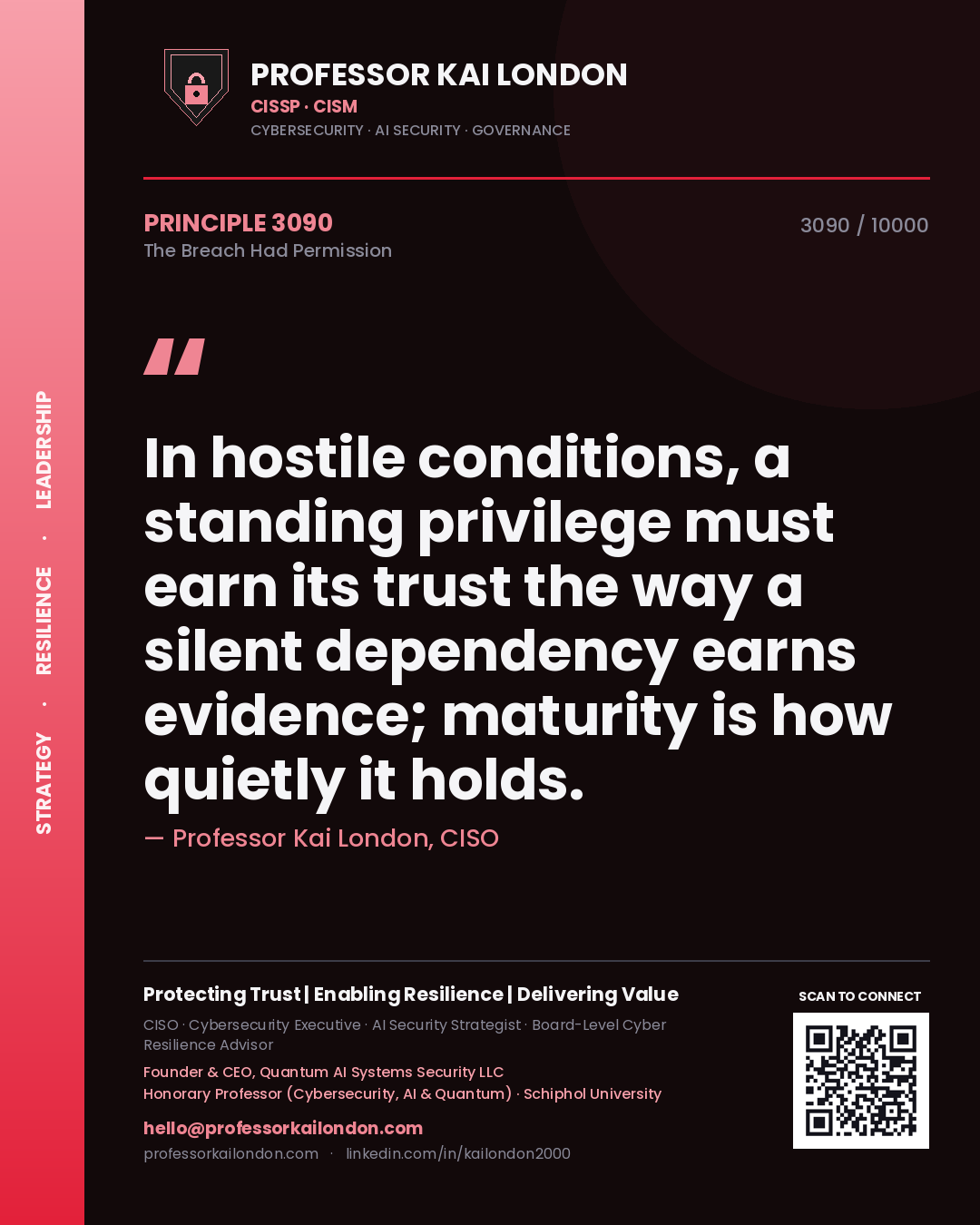 Professor Kai London principle 3090: In hostile conditions, a standing privilege must earn its trust the way a silent dependency earns evidence; maturity is how quietly it holds.