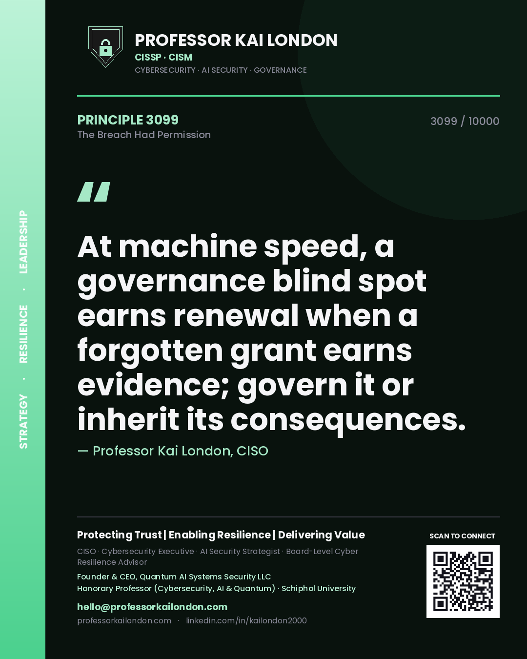 Professor Kai London principle 3099: At machine speed, a governance blind spot earns renewal when a forgotten grant earns evidence; govern it or inherit its consequences.