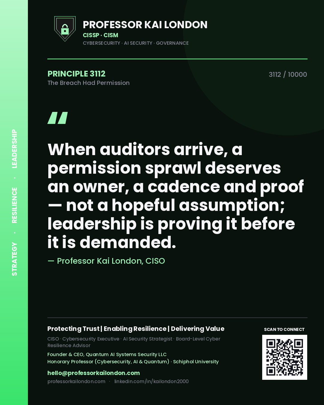 Professor Kai London principle 3112: When auditors arrive, a permission sprawl deserves an owner, a cadence and proof — not a hopeful assumption; leadership is proving it before it is demanded.