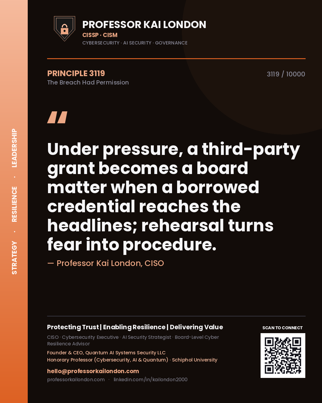 Professor Kai London principle 3119: Under pressure, a third-party grant becomes a board matter when a borrowed credential reaches the headlines; rehearsal turns fear into procedure.