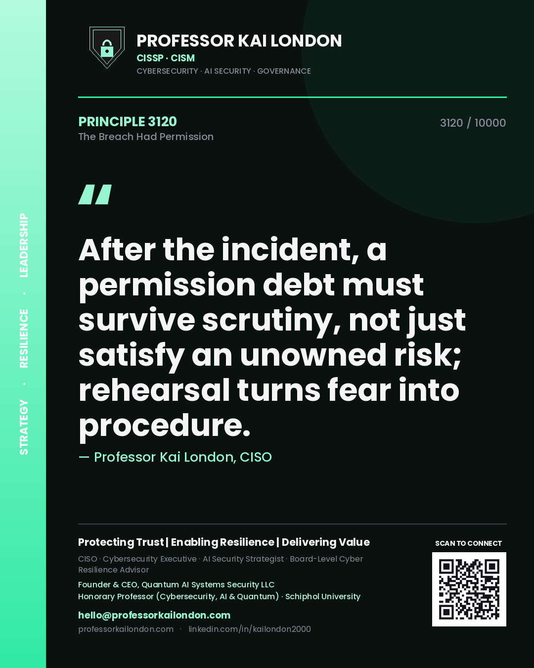 Professor Kai London principle 3120: After the incident, a permission debt must survive scrutiny, not just satisfy an unowned risk; rehearsal turns fear into procedure.