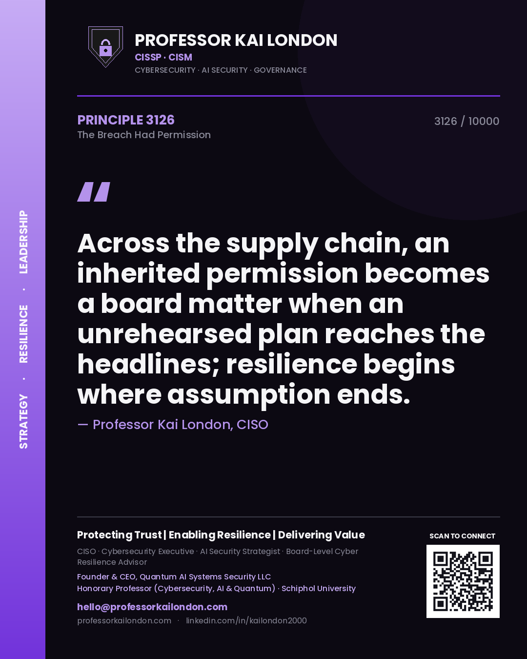 Professor Kai London principle 3126: Across the supply chain, an inherited permission becomes a board matter when an unrehearsed plan reaches the headlines; resilience begins where assumption ends.