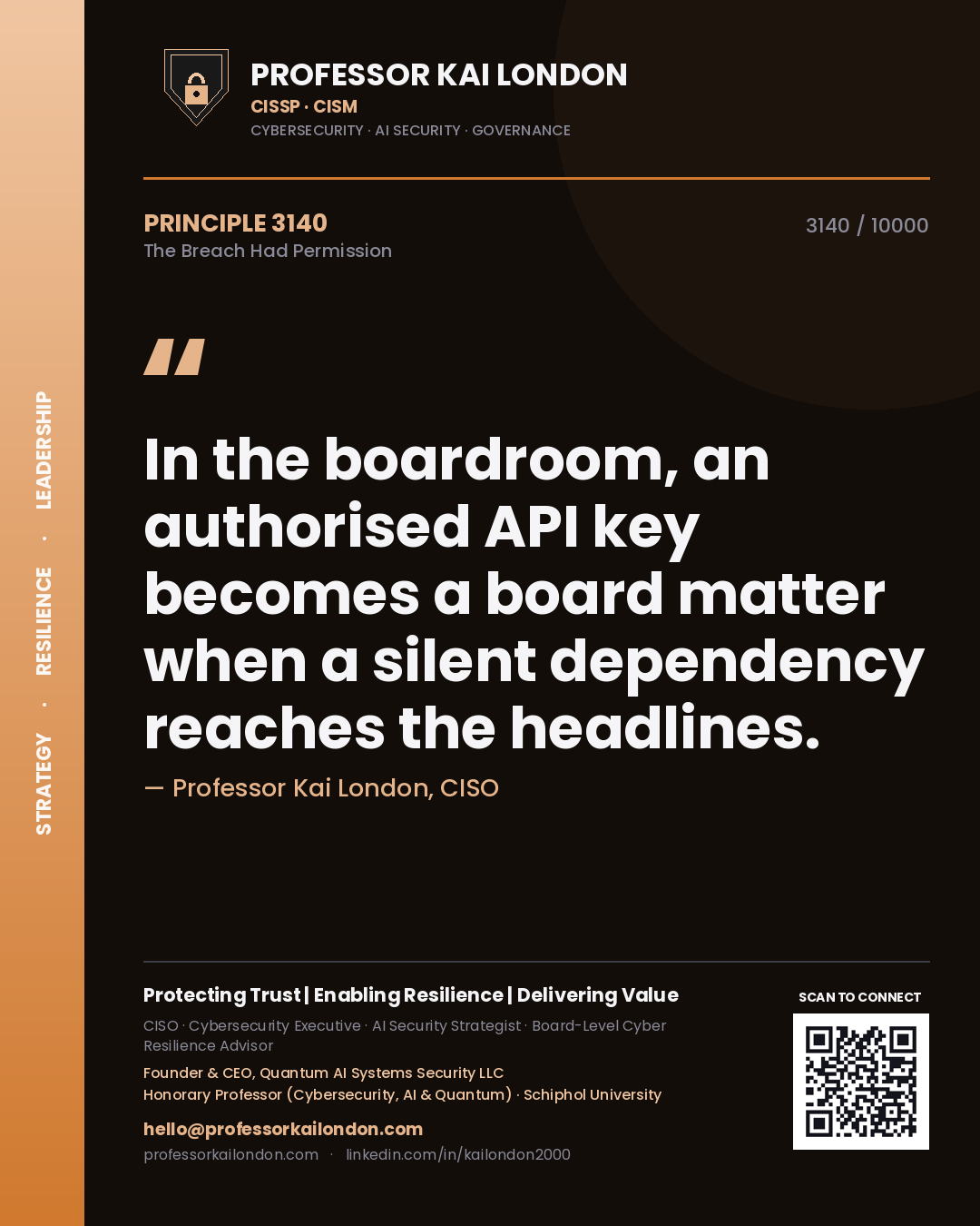 Professor Kai London principle 3140: In the boardroom, an authorised API key becomes a board matter when a silent dependency reaches the headlines.
