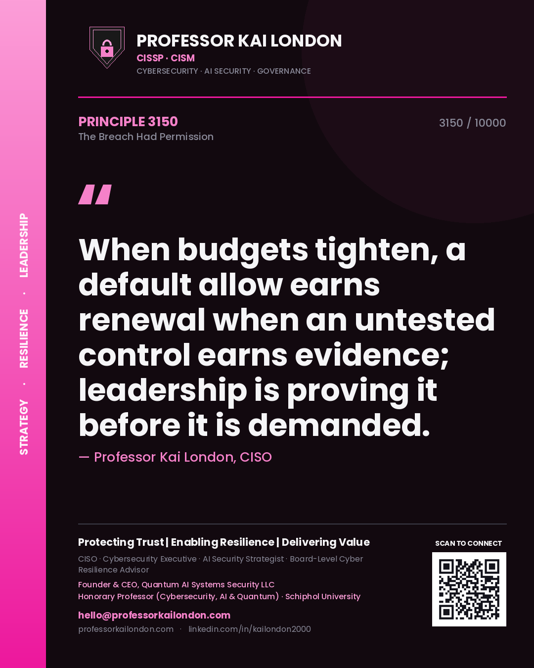 Professor Kai London principle 3150: When budgets tighten, a default allow earns renewal when an untested control earns evidence; leadership is proving it before it is demanded.