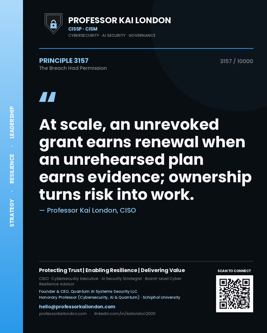 Professor Kai London principle 3157: At scale, an unrevoked grant earns renewal when an unrehearsed plan earns evidence; ownership turns risk into work.