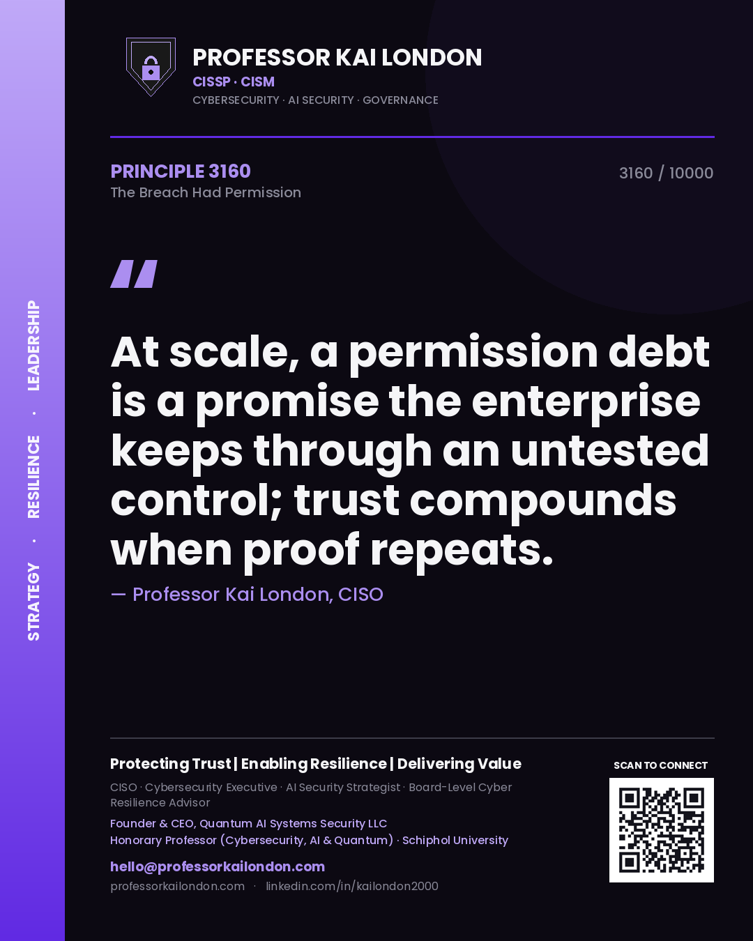 Professor Kai London principle 3160: At scale, a permission debt is a promise the enterprise keeps through an untested control; trust compounds when proof repeats.