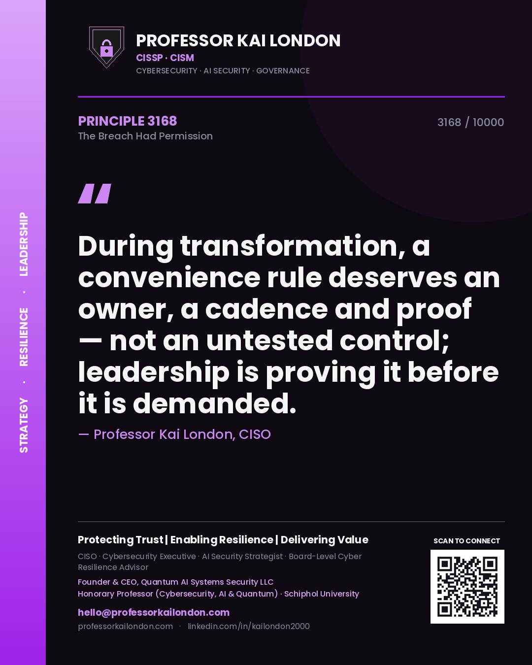 Professor Kai London principle 3168: During transformation, a convenience rule deserves an owner, a cadence and proof — not an untested control; leadership is proving it before it is demanded.