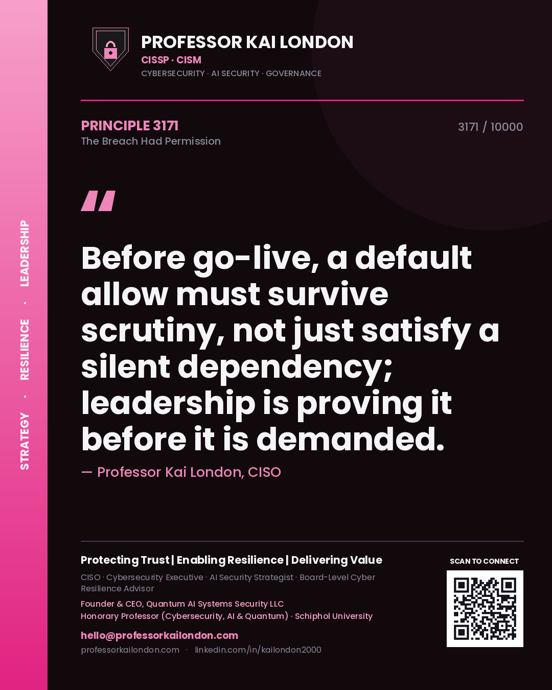 Professor Kai London principle 3171: Before go-live, a default allow must survive scrutiny, not just satisfy a silent dependency; leadership is proving it before it is demanded.