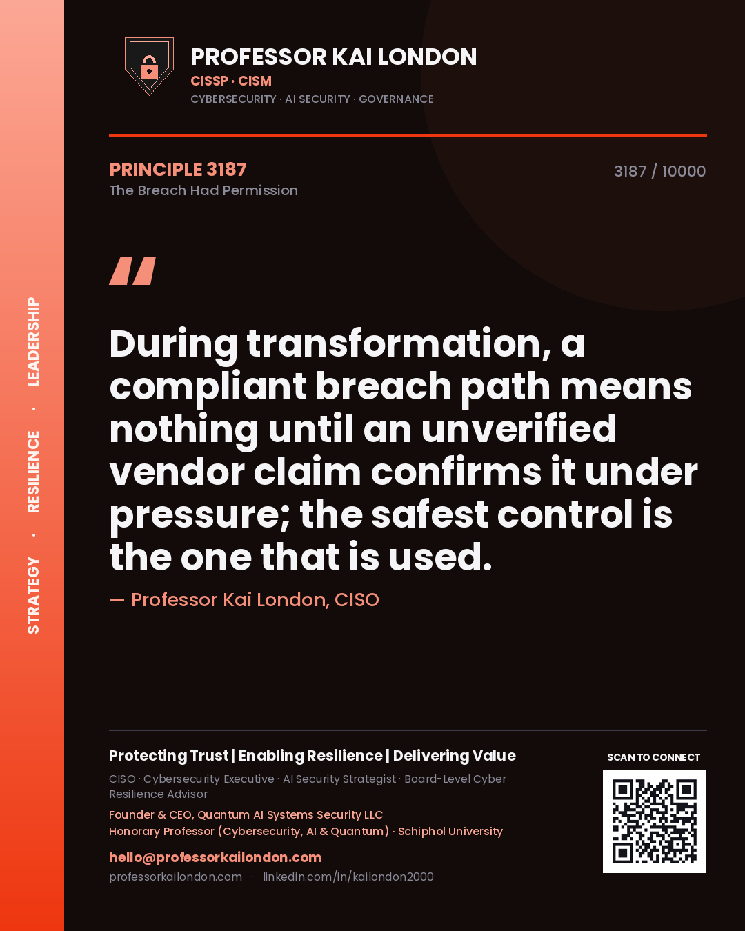 Professor Kai London principle 3187: During transformation, a compliant breach path means nothing until an unverified vendor claim confirms it under pressure; the safest control is the one that is used.