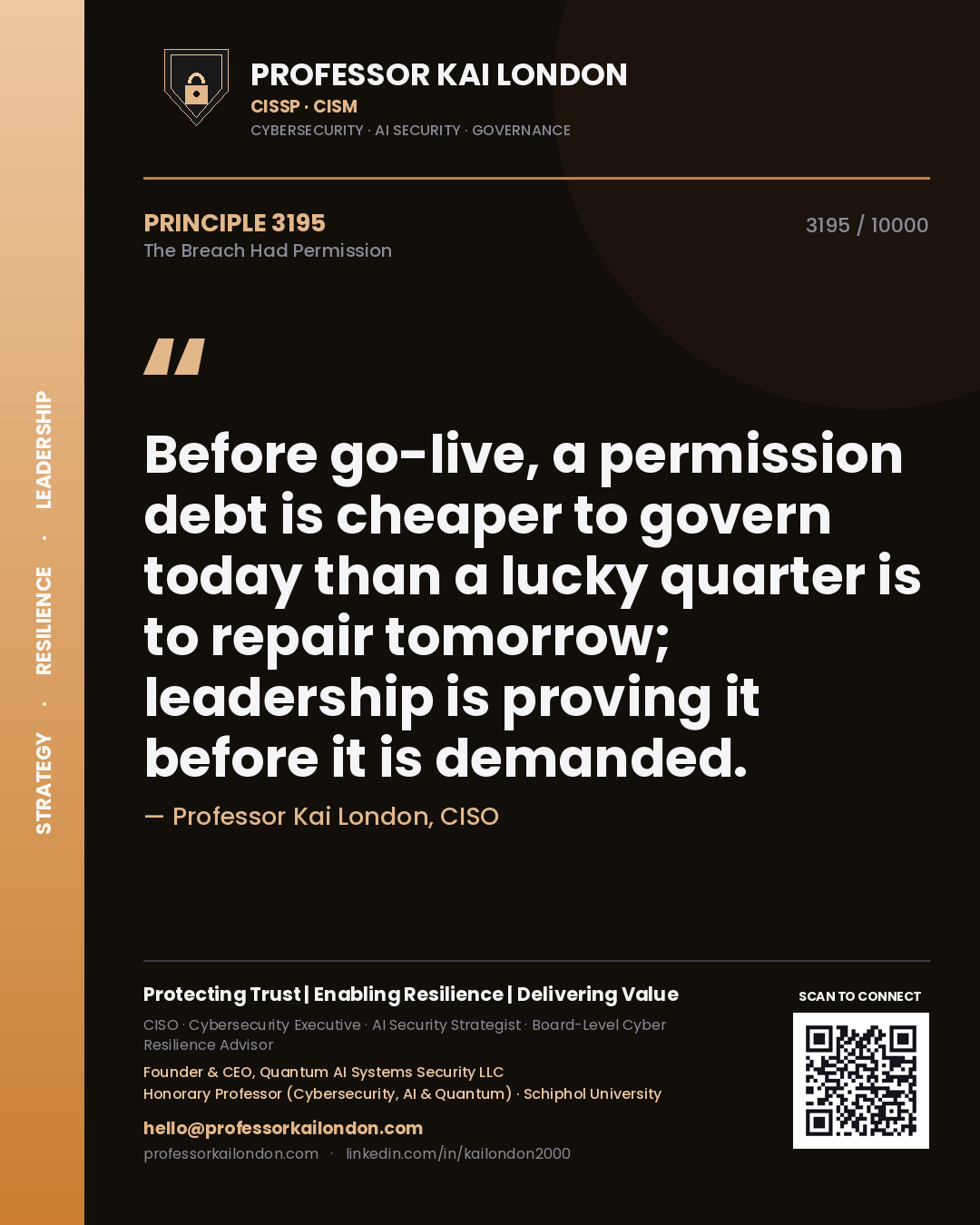 Professor Kai London principle 3195: Before go-live, a permission debt is cheaper to govern today than a lucky quarter is to repair tomorrow; leadership is proving it before it is demanded.
