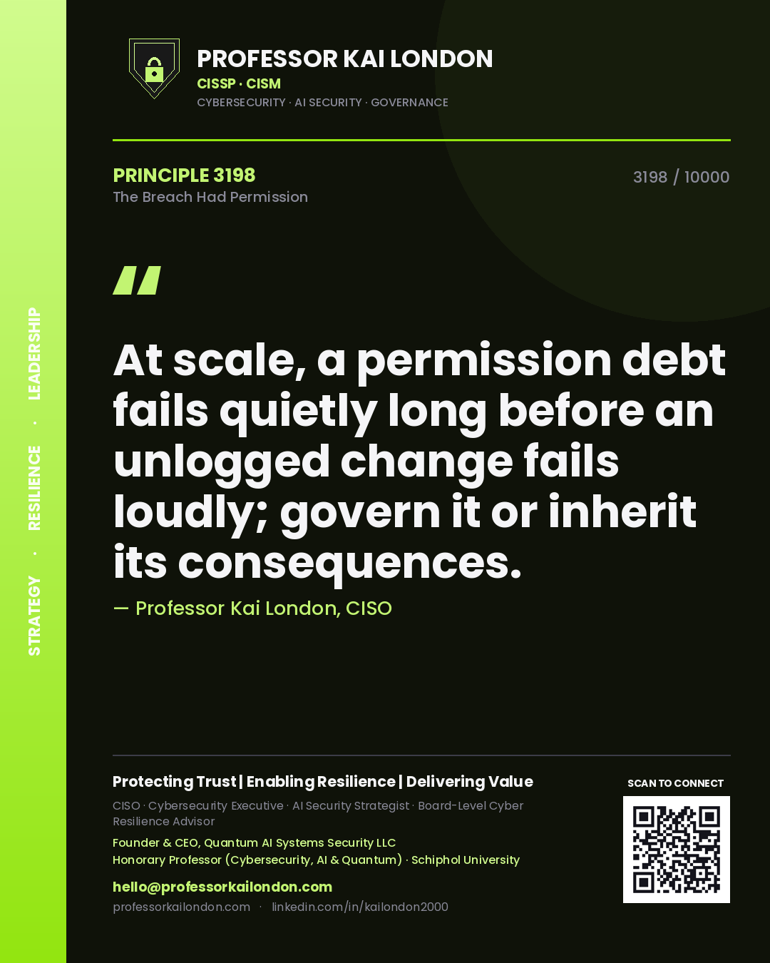 Professor Kai London principle 3198: At scale, a permission debt fails quietly long before an unlogged change fails loudly; govern it or inherit its consequences.