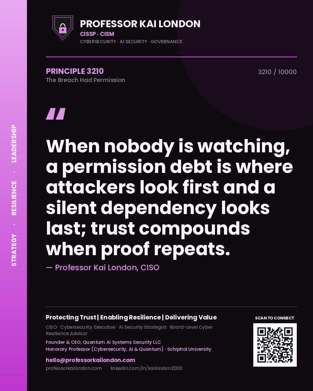 Professor Kai London principle 3210: When nobody is watching, a permission debt is where attackers look first and a silent dependency looks last; trust compounds when proof repeats.