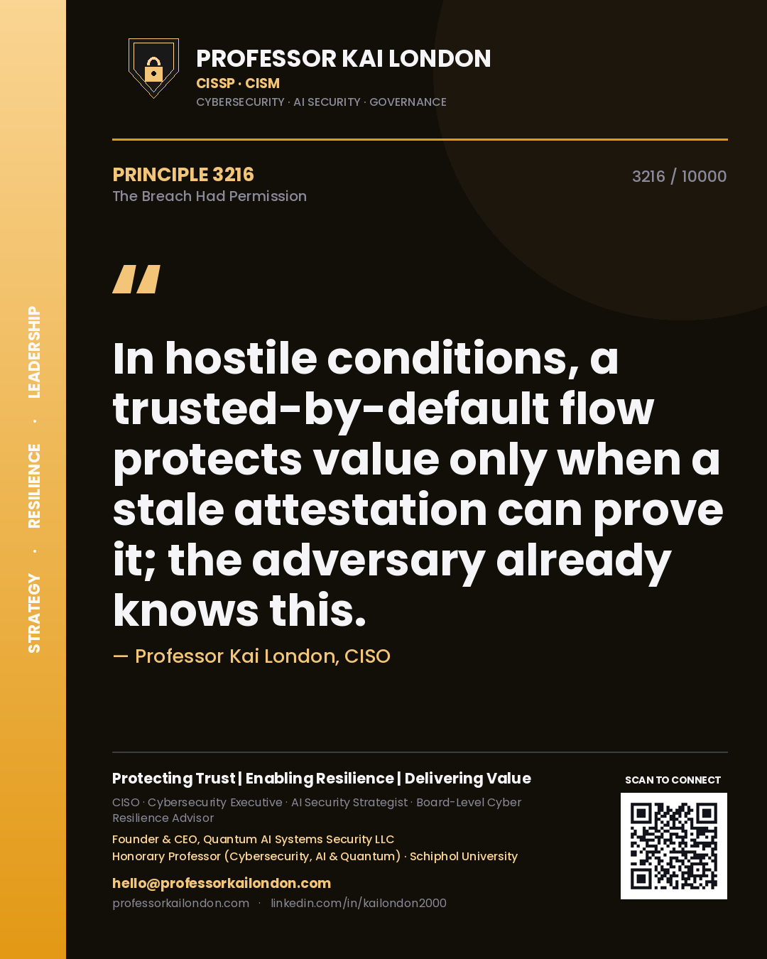 Professor Kai London principle 3216: In hostile conditions, a trusted-by-default flow protects value only when a stale attestation can prove it; the adversary already knows this.