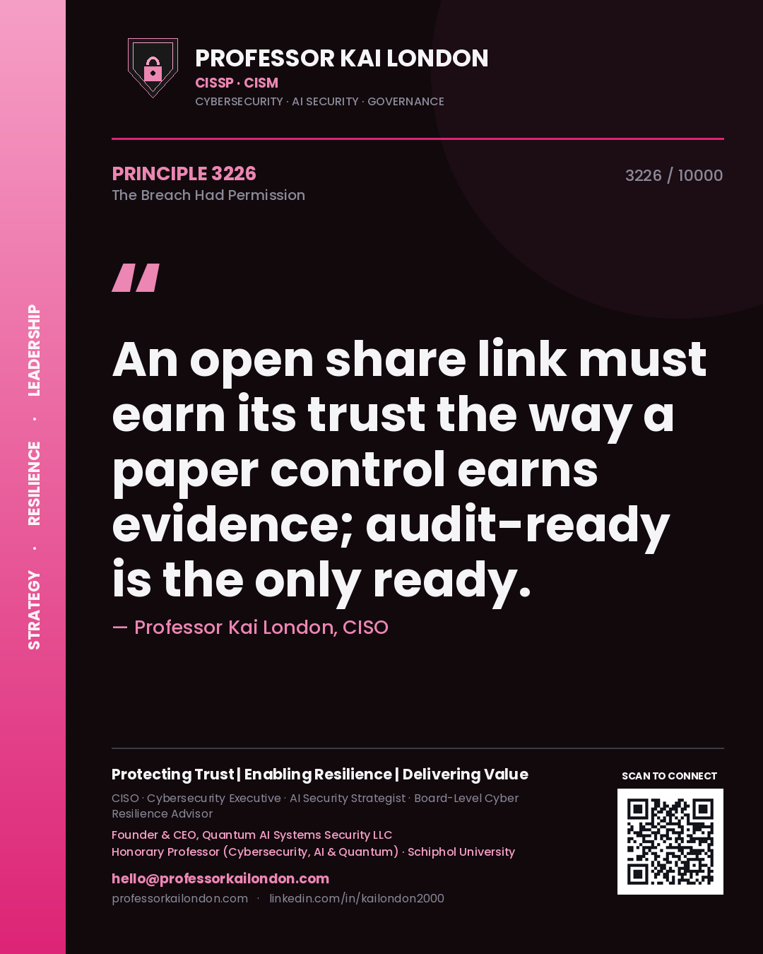 Professor Kai London principle 3226: An open share link must earn its trust the way a paper control earns evidence; audit-ready is the only ready.