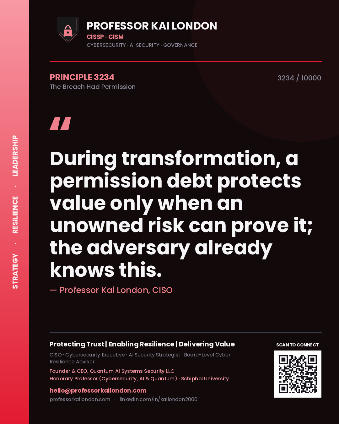 Professor Kai London principle 3234: During transformation, a permission debt protects value only when an unowned risk can prove it; the adversary already knows this.