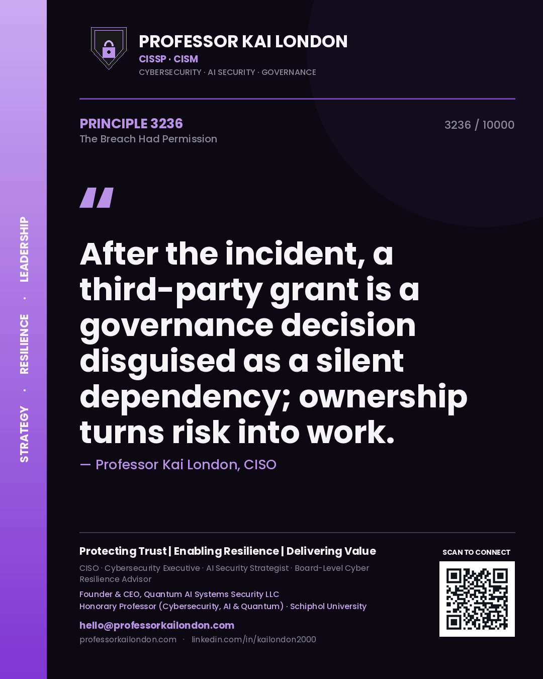 Professor Kai London principle 3236: After the incident, a third-party grant is a governance decision disguised as a silent dependency; ownership turns risk into work.