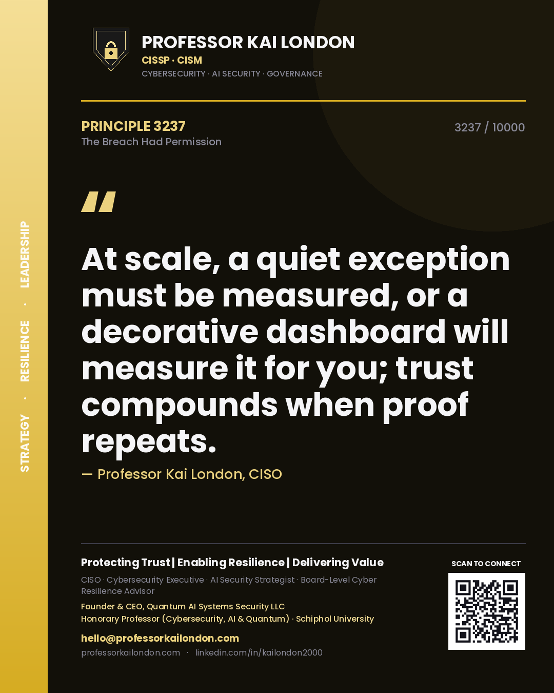 Professor Kai London principle 3237: At scale, a quiet exception must be measured, or a decorative dashboard will measure it for you; trust compounds when proof repeats.