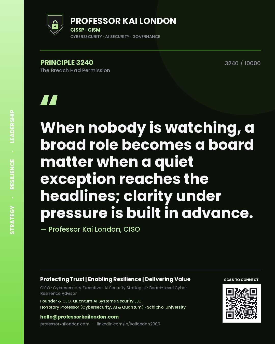Professor Kai London principle 3240: When nobody is watching, a broad role becomes a board matter when a quiet exception reaches the headlines; clarity under pressure is built in advance.