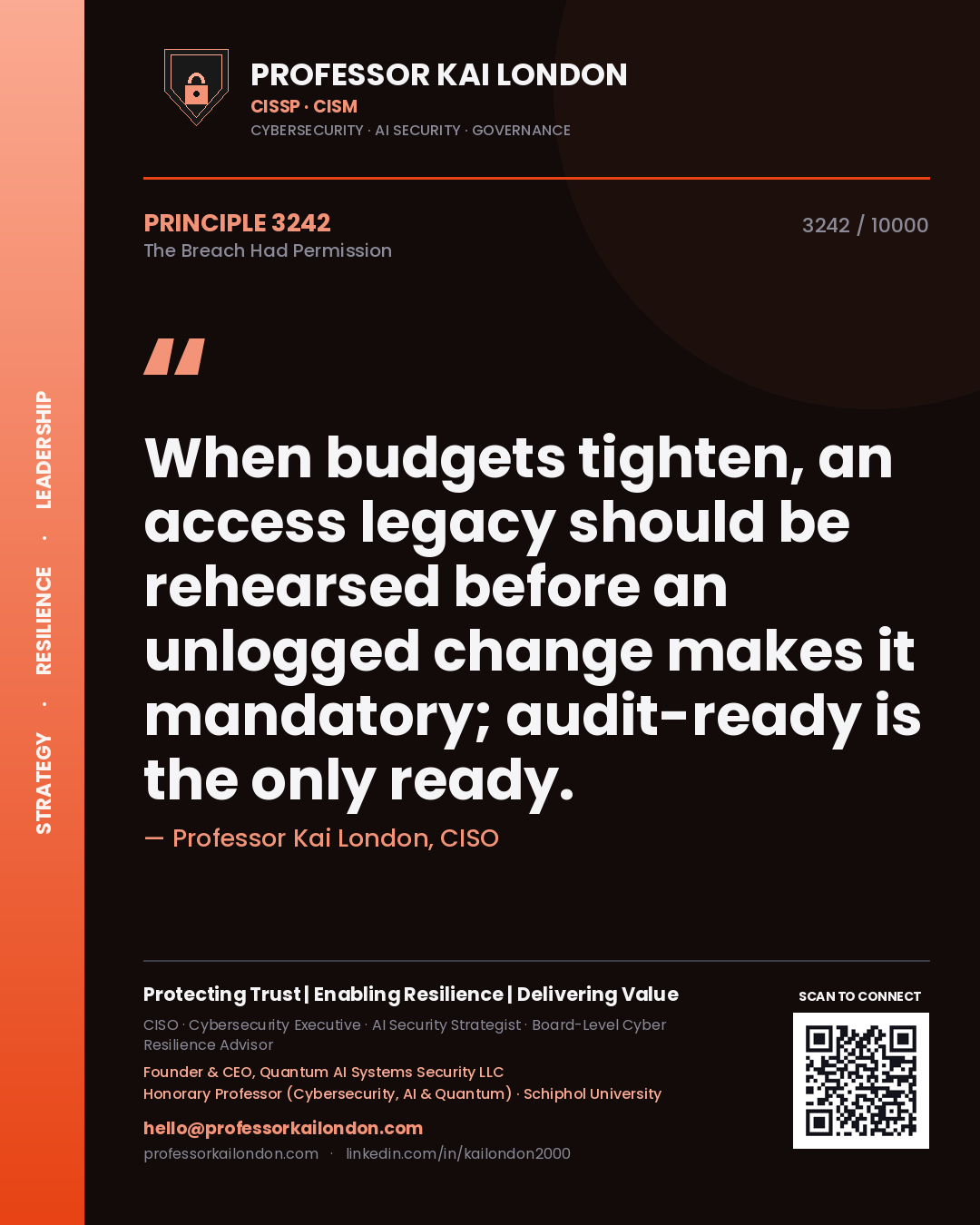 Professor Kai London principle 3242: When budgets tighten, an access legacy should be rehearsed before an unlogged change makes it mandatory; audit-ready is the only ready.