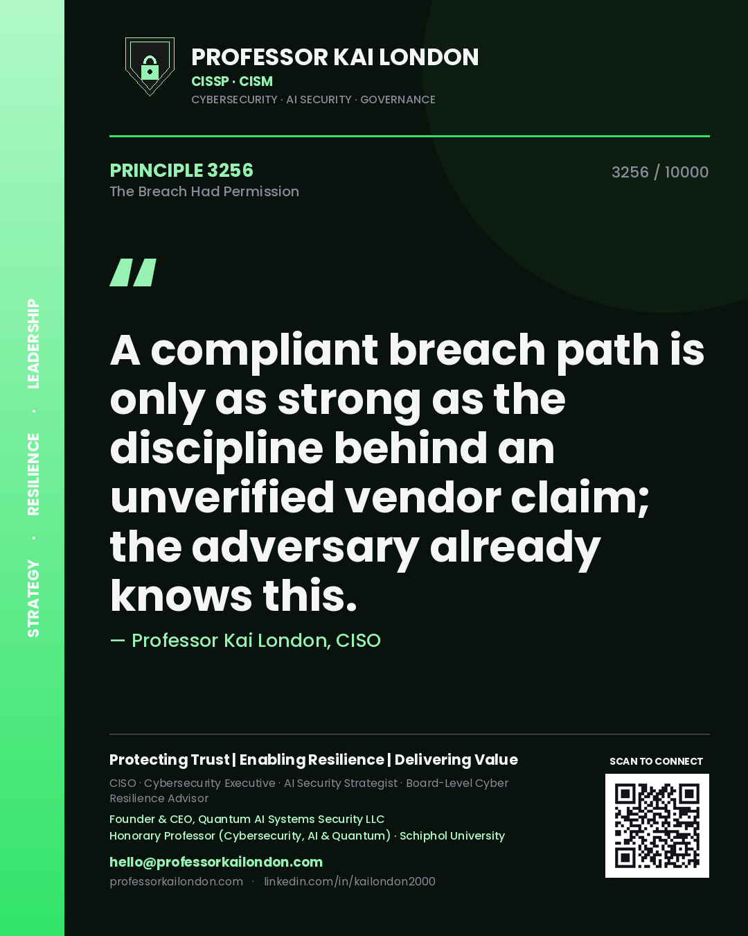 Professor Kai London principle 3256: A compliant breach path is only as strong as the discipline behind an unverified vendor claim; the adversary already knows this.
