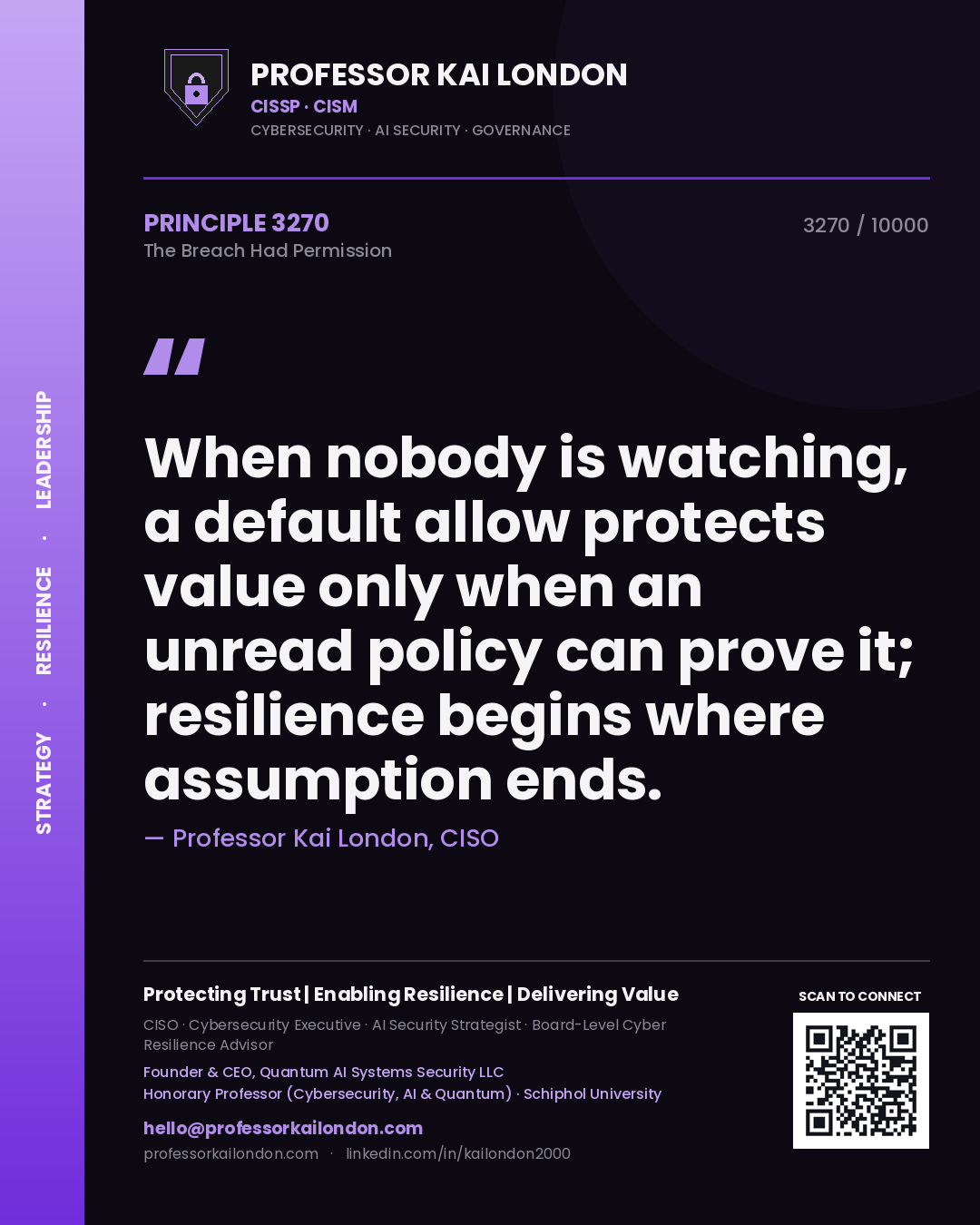Professor Kai London principle 3270: When nobody is watching, a default allow protects value only when an unread policy can prove it; resilience begins where assumption ends.