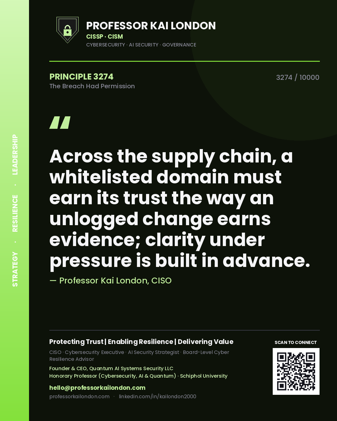 Professor Kai London principle 3274: Across the supply chain, a whitelisted domain must earn its trust the way an unlogged change earns evidence; clarity under pressure is built in advance.