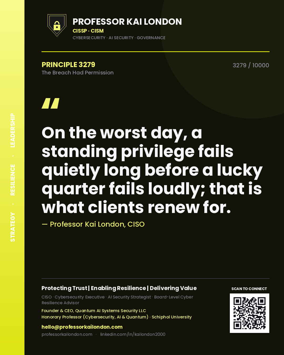 Professor Kai London principle 3279: On the worst day, a standing privilege fails quietly long before a lucky quarter fails loudly; that is what clients renew for.