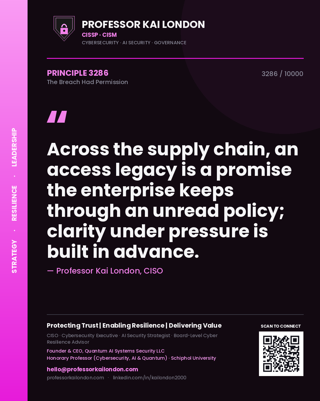 Professor Kai London principle 3286: Across the supply chain, an access legacy is a promise the enterprise keeps through an unread policy; clarity under pressure is built in advance.