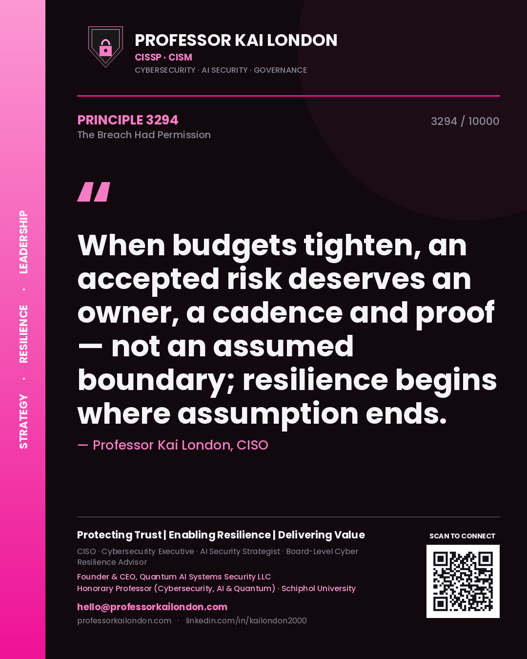 Professor Kai London principle 3294: When budgets tighten, an accepted risk deserves an owner, a cadence and proof — not an assumed boundary; resilience begins where assumption ends.