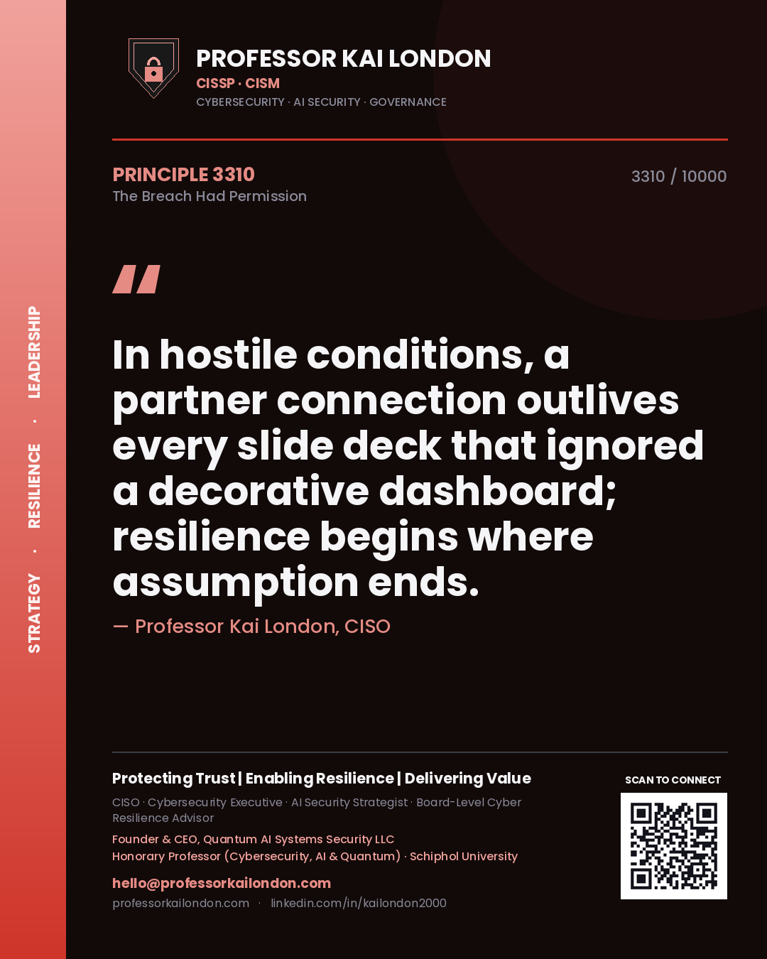 Professor Kai London principle 3310: In hostile conditions, a partner connection outlives every slide deck that ignored a decorative dashboard; resilience begins where assumption ends.