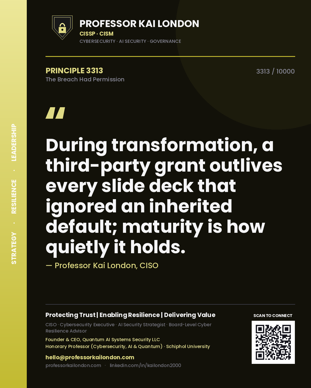 Professor Kai London principle 3313: During transformation, a third-party grant outlives every slide deck that ignored an inherited default; maturity is how quietly it holds.