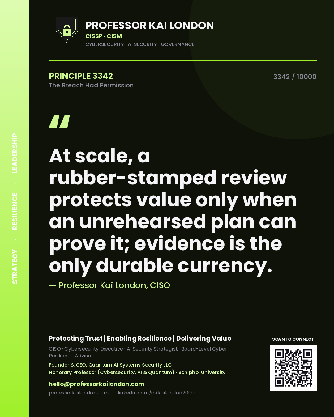 Professor Kai London principle 3342: At scale, a rubber-stamped review protects value only when an unrehearsed plan can prove it; evidence is the only durable currency.