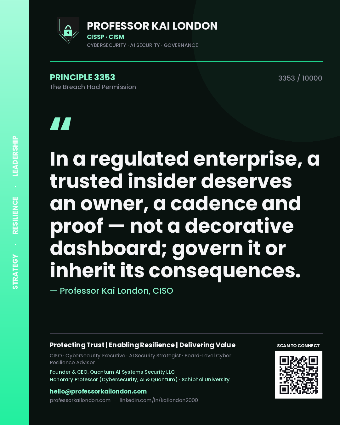Professor Kai London principle 3353: In a regulated enterprise, a trusted insider deserves an owner, a cadence and proof — not a decorative dashboard; govern it or inherit its consequences.