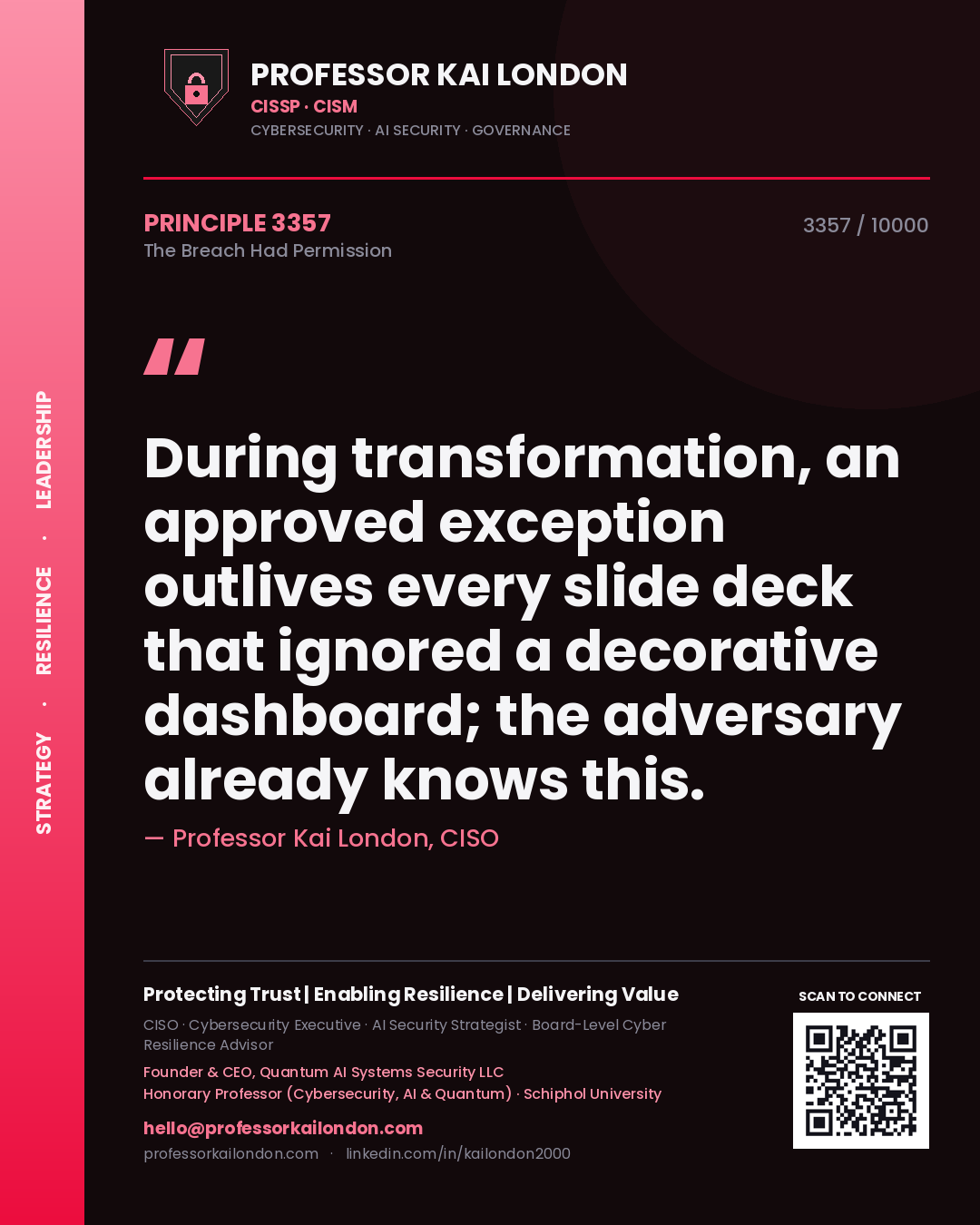 Professor Kai London principle 3357: During transformation, an approved exception outlives every slide deck that ignored a decorative dashboard; the adversary already knows this.