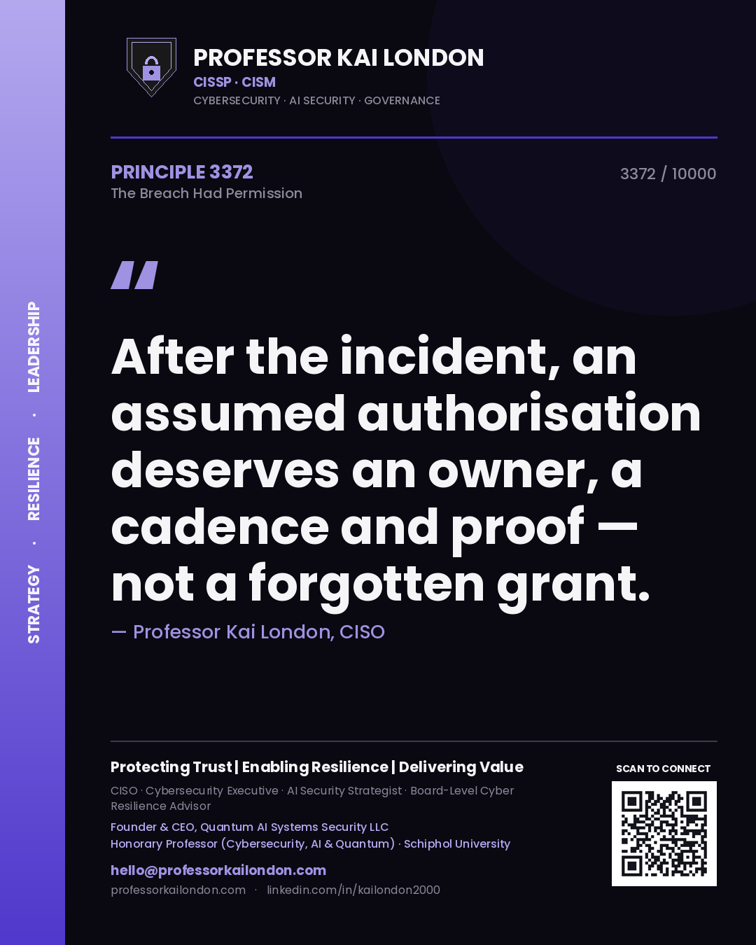 Professor Kai London principle 3372: After the incident, an assumed authorisation deserves an owner, a cadence and proof — not a forgotten grant.
