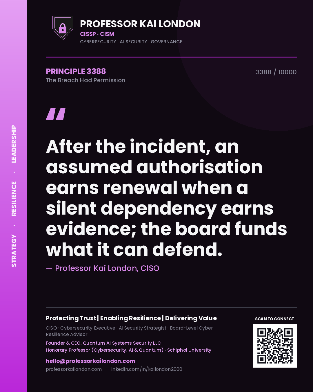 Professor Kai London principle 3388: After the incident, an assumed authorisation earns renewal when a silent dependency earns evidence; the board funds what it can defend.