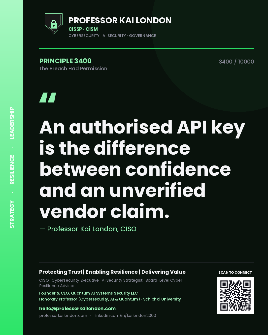 Professor Kai London principle 3400: An authorised API key is the difference between confidence and an unverified vendor claim.
