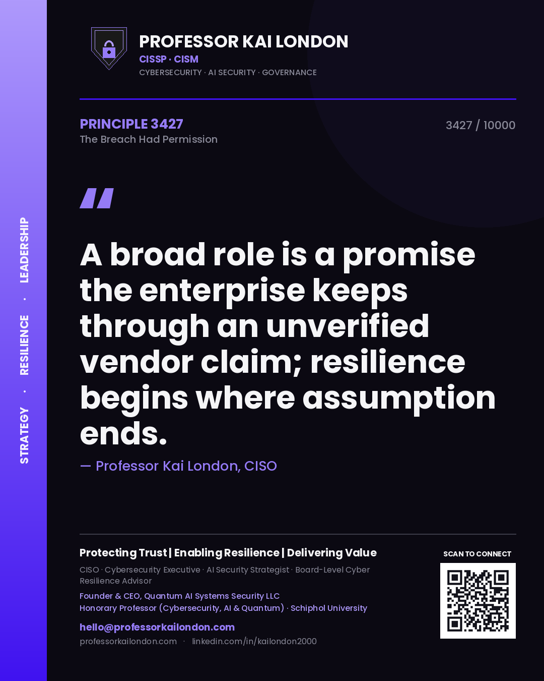 Professor Kai London principle 3427: A broad role is a promise the enterprise keeps through an unverified vendor claim; resilience begins where assumption ends.