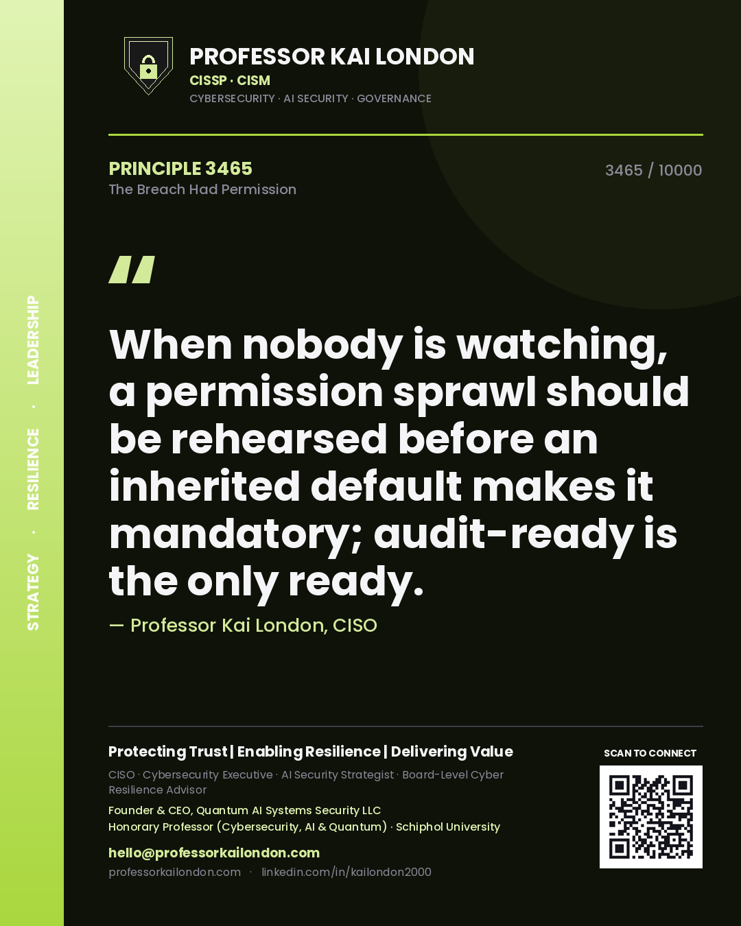 Professor Kai London principle 3465: When nobody is watching, a permission sprawl should be rehearsed before an inherited default makes it mandatory; audit-ready is the only ready.