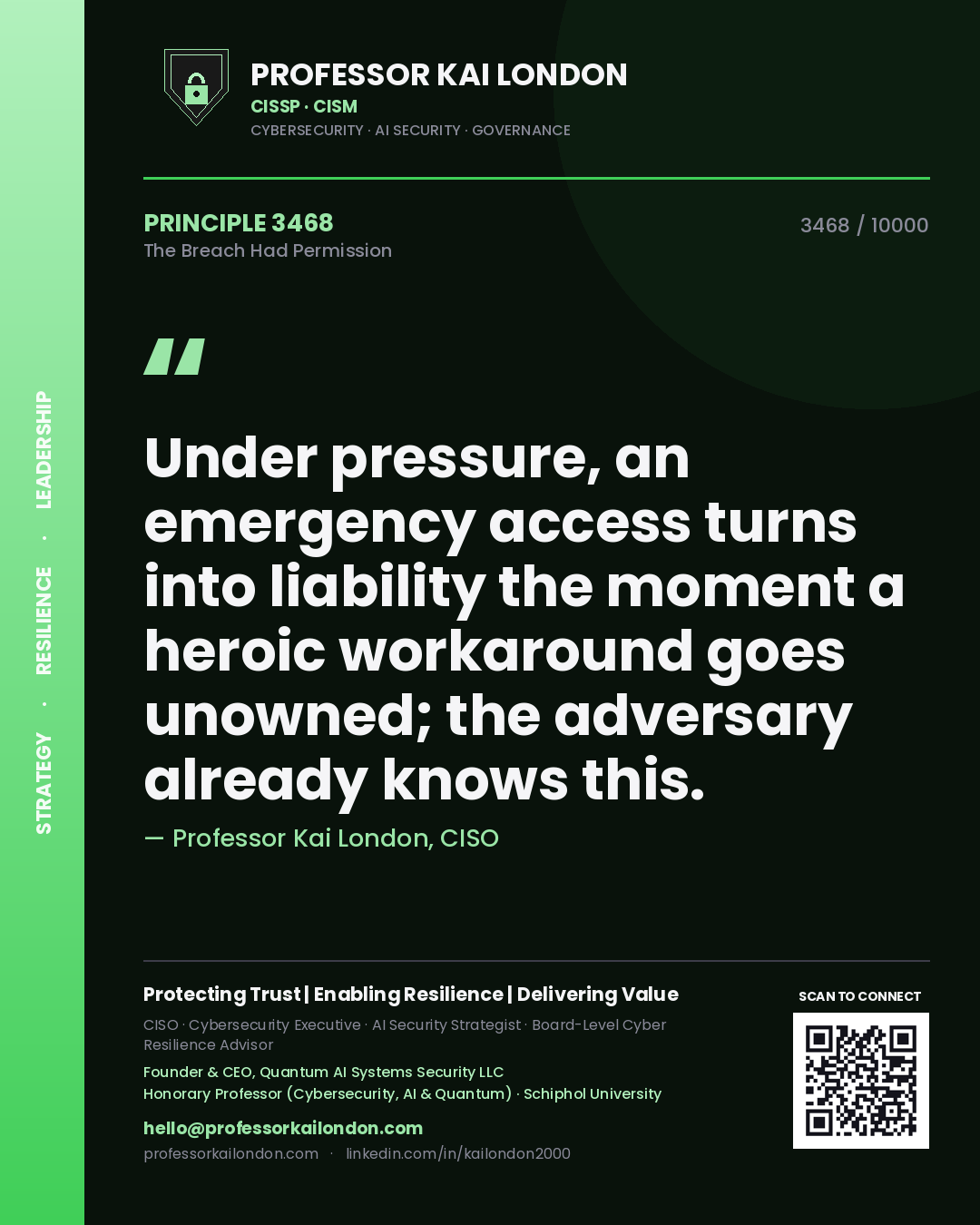 Professor Kai London principle 3468: Under pressure, an emergency access turns into liability the moment a heroic workaround goes unowned; the adversary already knows this.